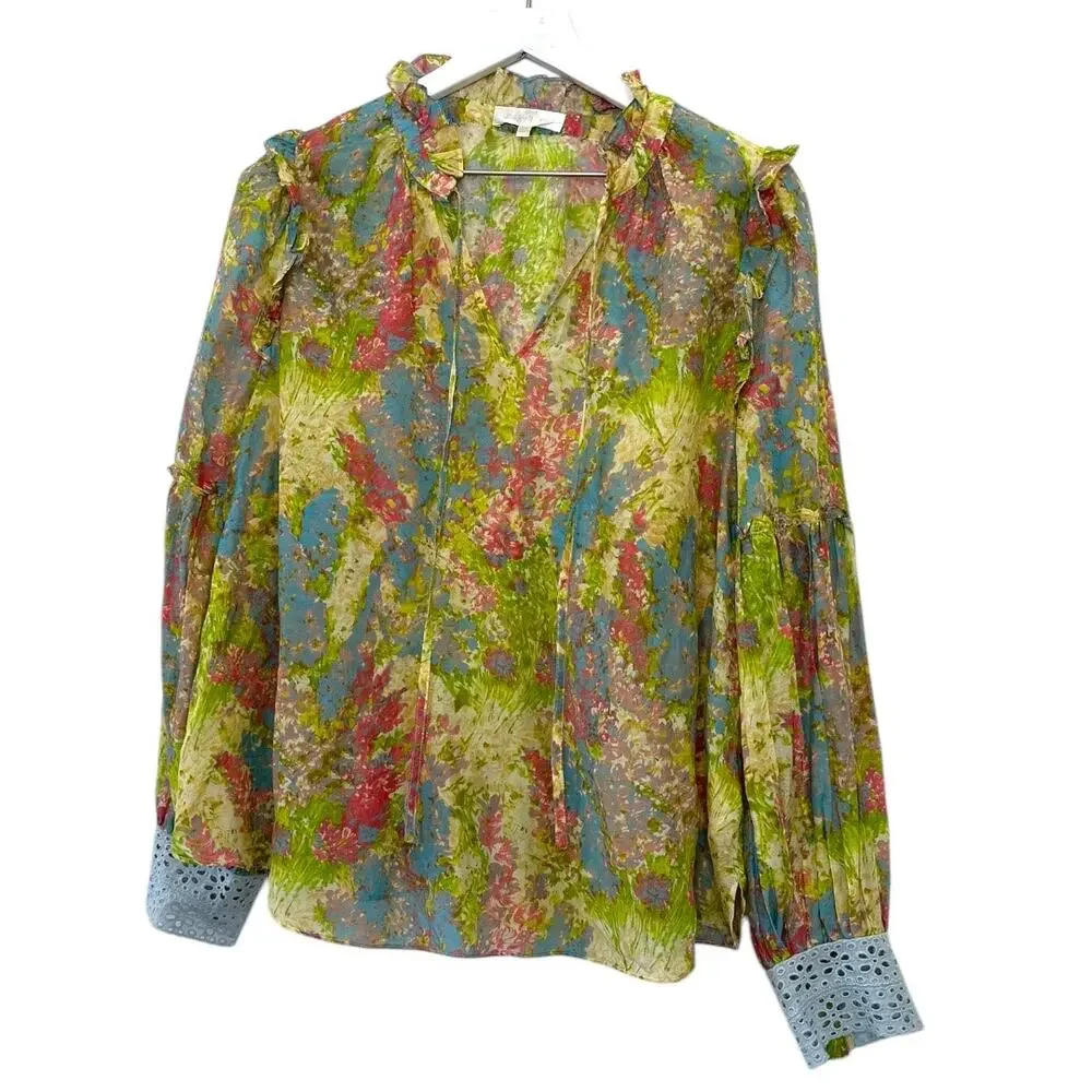 LoveShackFancy Floral Ruffle Blouse Cotton Silk Sheer Romantic Top Size Large